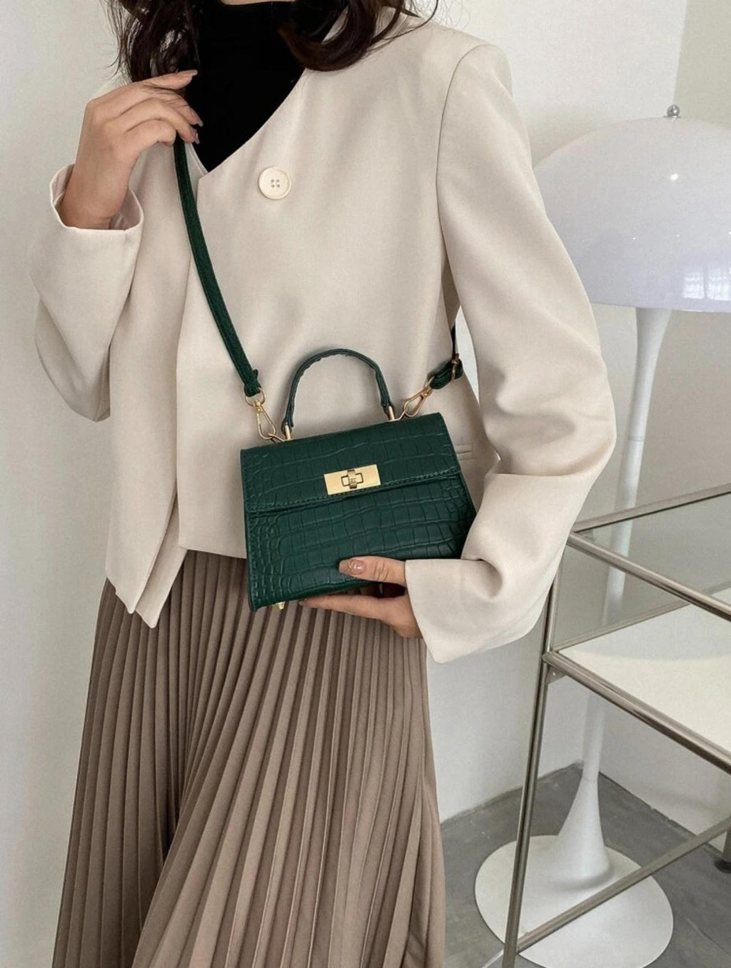 Emerald Luxe Croc-Effect Handbag